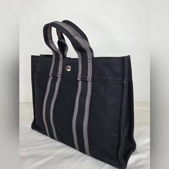 Hermes Small 12"x9" Canvas Tote Bag Stylish In Black and Gray - Picture 2 of 13